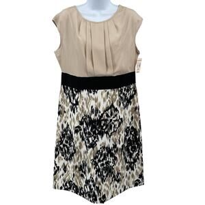Dressbarn Dress Womens 16 Beige Black Leopard Print Pleated Zipper Back Corpcore
